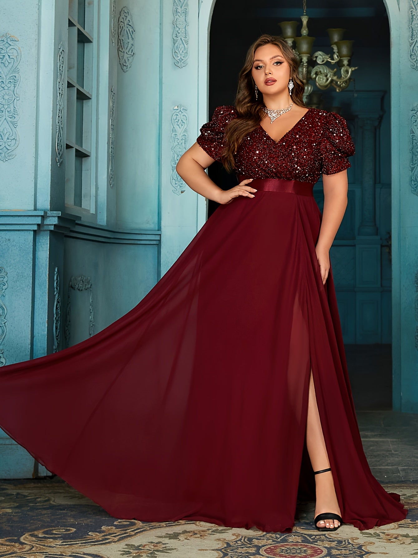 Plus Size Sequin Bubble Sleeve Evening Gown Black Formal Dress