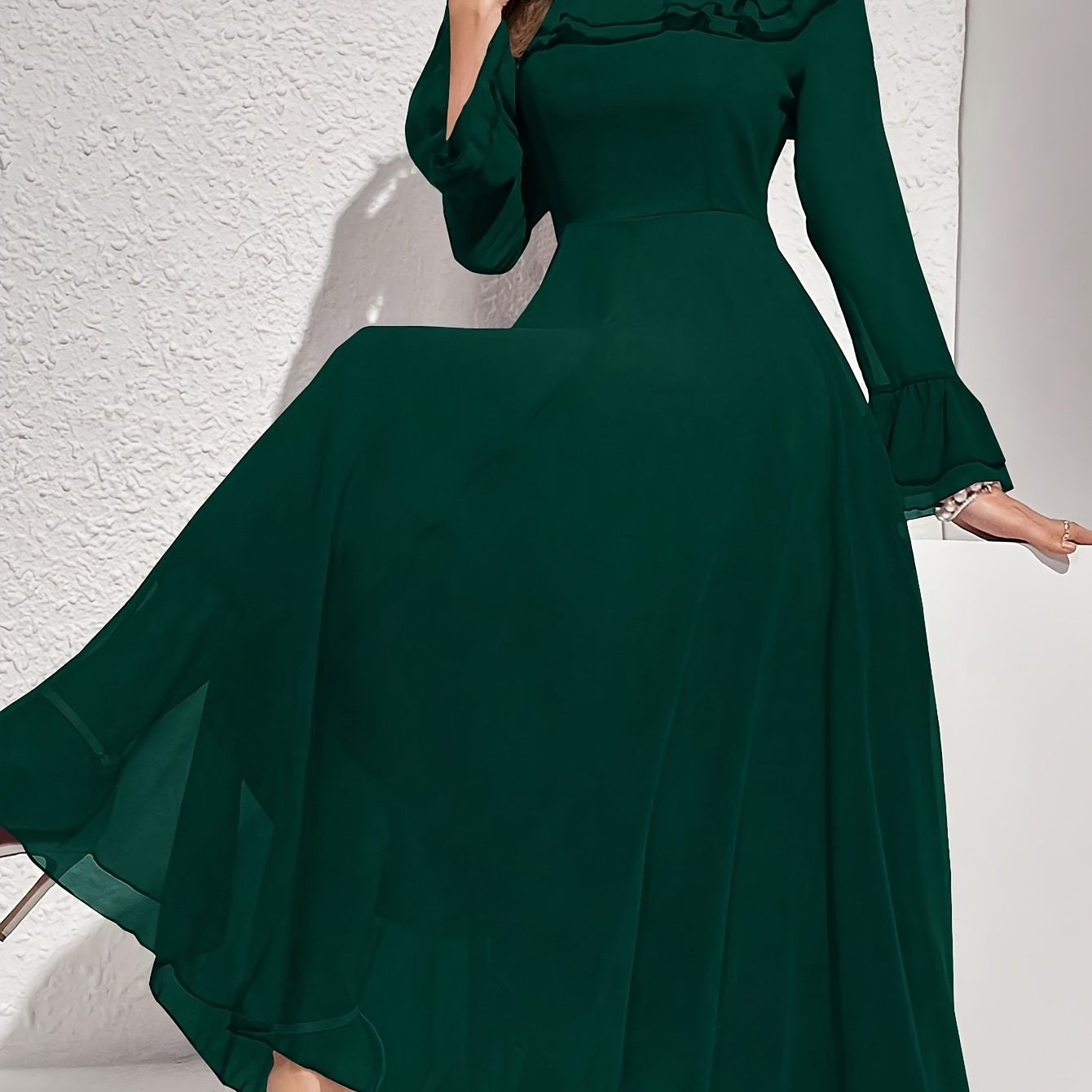 Women's Long Sleeve Polyester Dress with Ruffled Neckline for All Seasons