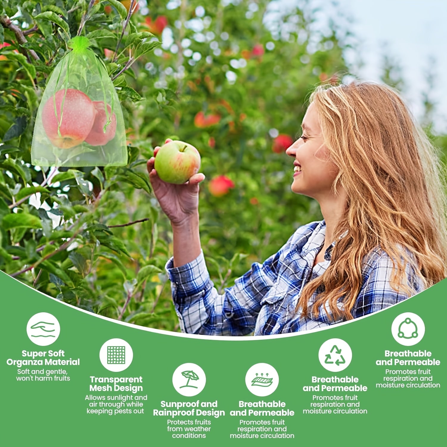 100 Green Garden Netting Bags with Drawstring for Pest Protection and Plant Growth