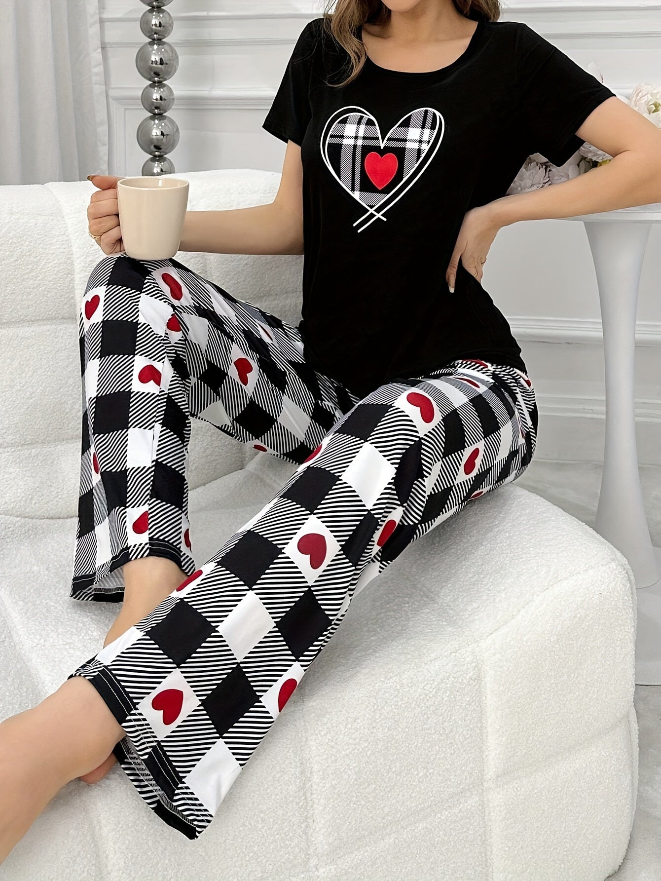 Women's Heart Plaid Pajama Set Short Sleeve Top and Pants Casual All-Season Polyester
