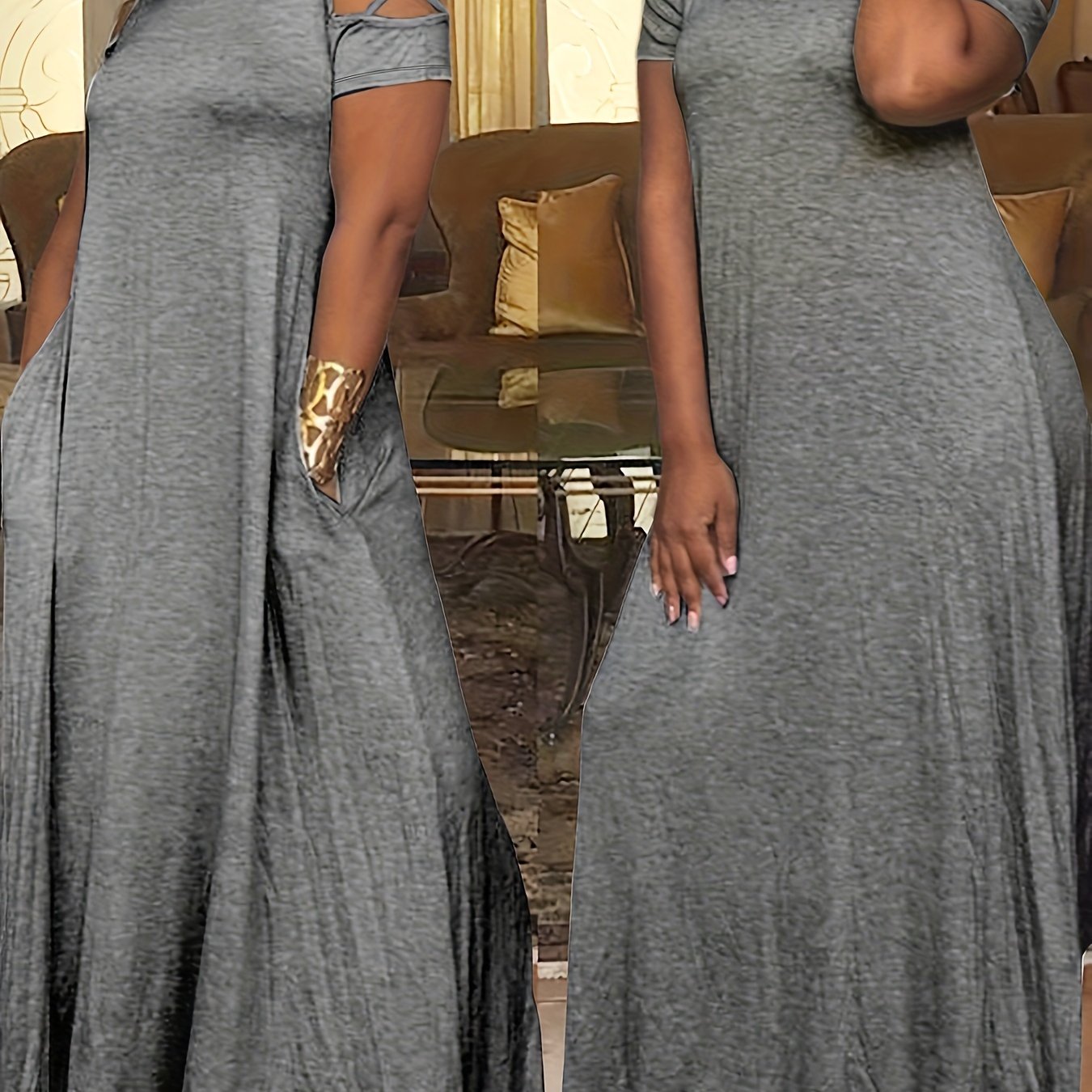 Plus Size Solid Side Cutout Crew Neck Short Sleeve Dress