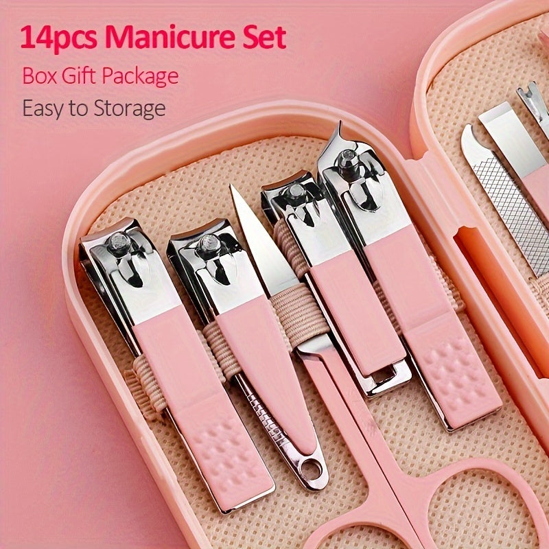 14-Piece Stainless Steel Manicure and Pedicure Set with Concave Edge Clippers and Portable Storage Box for Men and Women