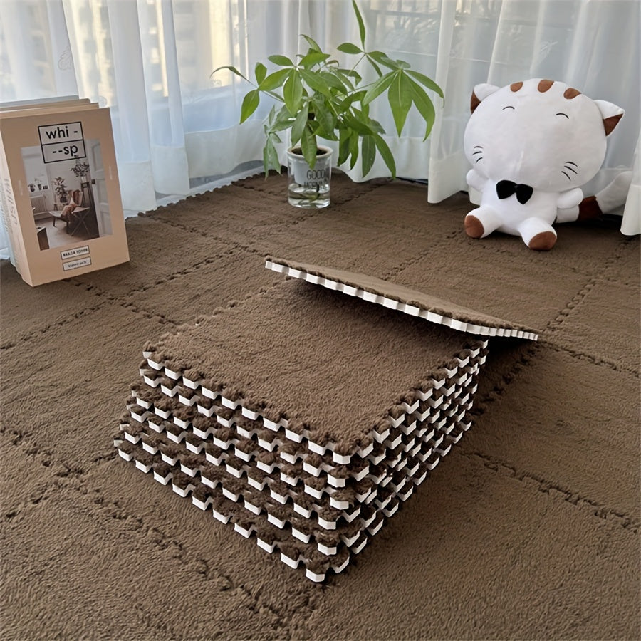 Set of 24 Interlocking Plush Carpet Tiles 29.97cm Soft Washable Floor Mats