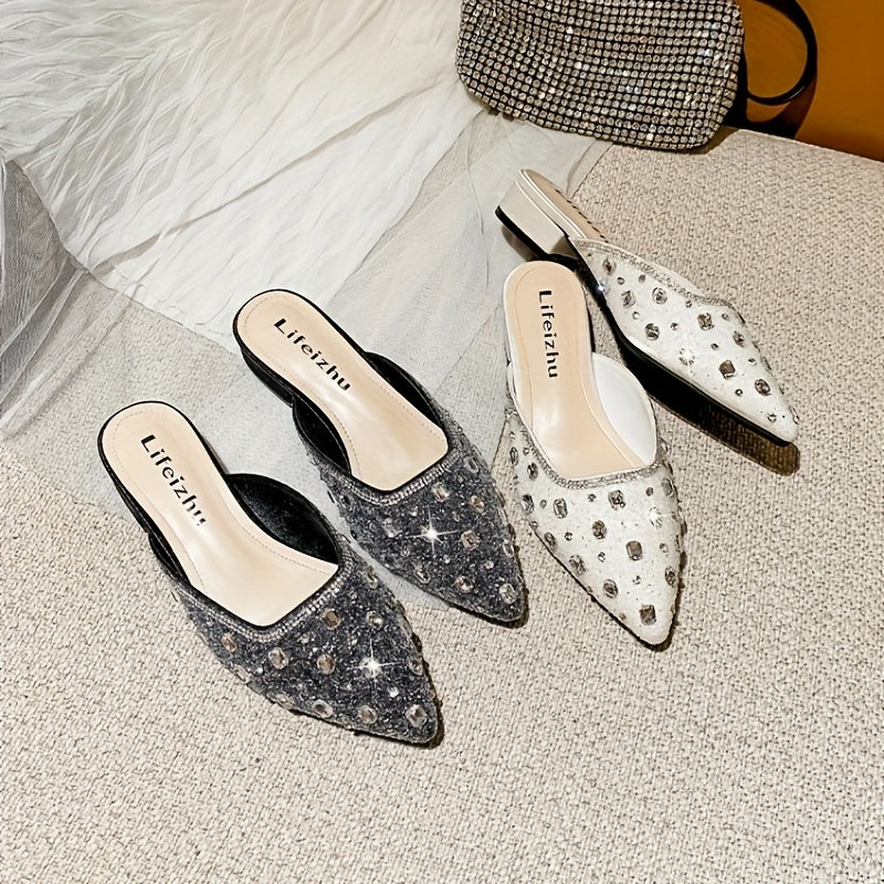 Women Rhinestone Embellished Pointed-Toe Mules with Chunky Heel Summer Shoes