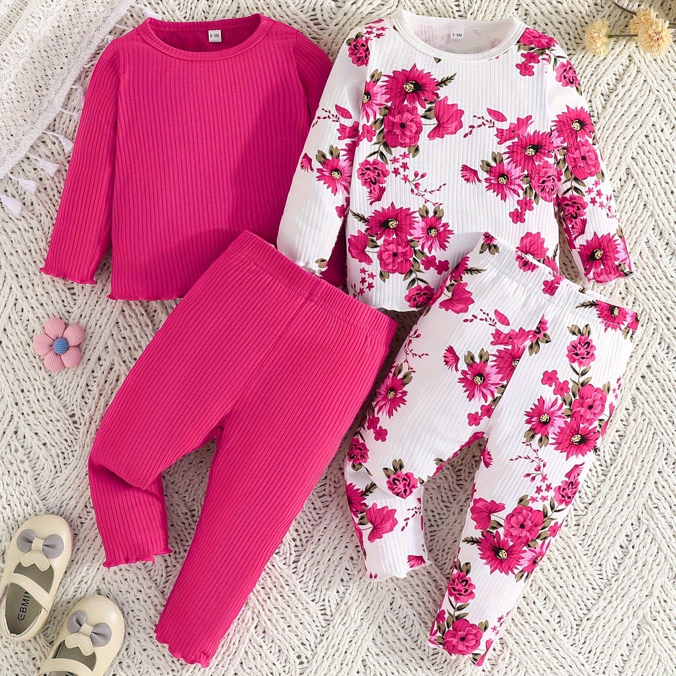 Girls' Outfit Set 4-Piece Pink Long Sleeve Top Floral Pants Polyester Blend Comfortable Outdoor Wear
