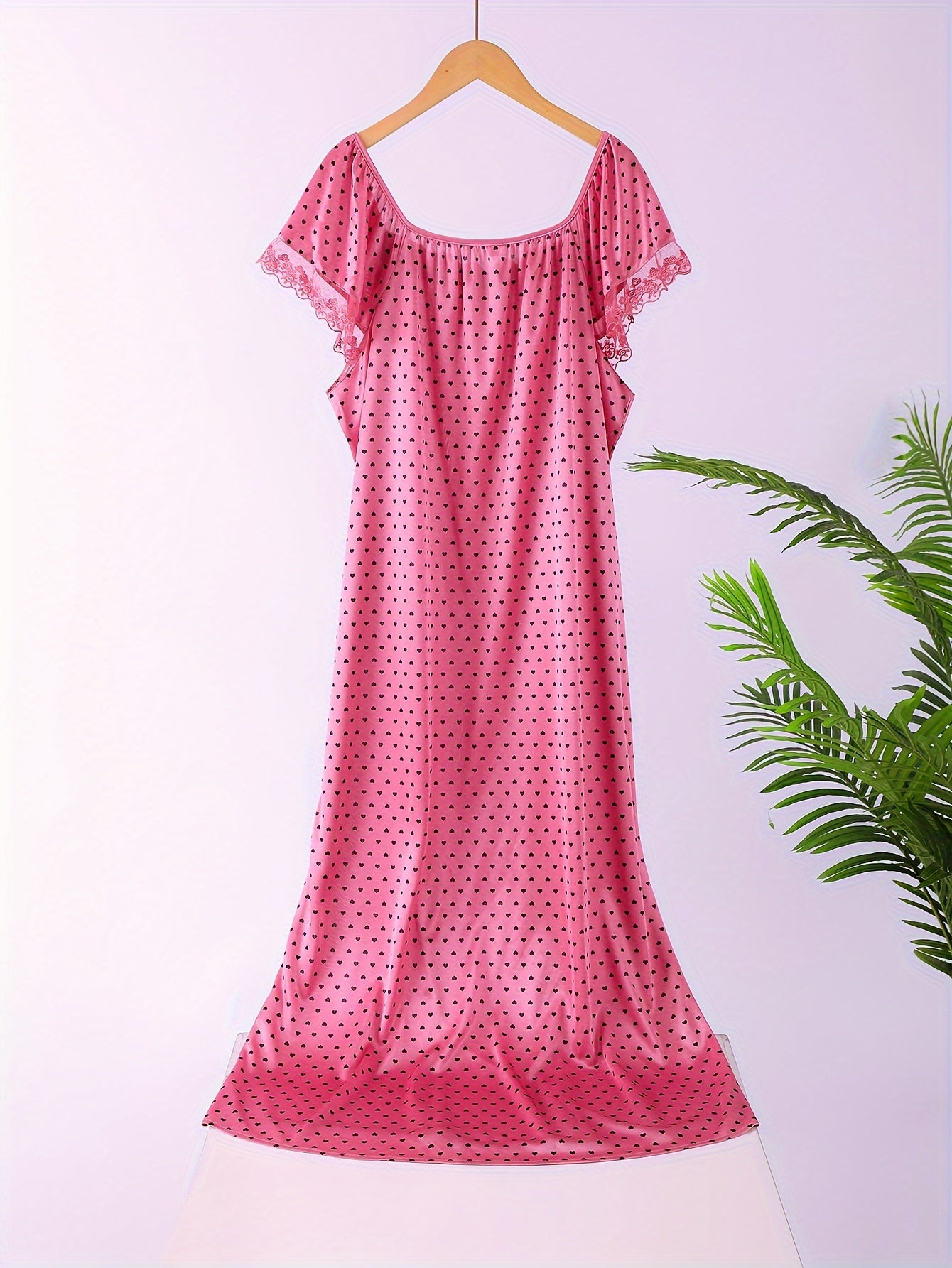 Women's Plus Size Heart Print Lace Sleep Dress Short Sleeve Lounge Wear