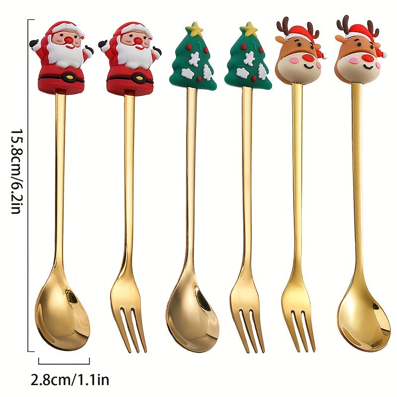 Set of 4 Christmas Stainless Steel Coffee Spoons and Forks in Red or Green Gift Box