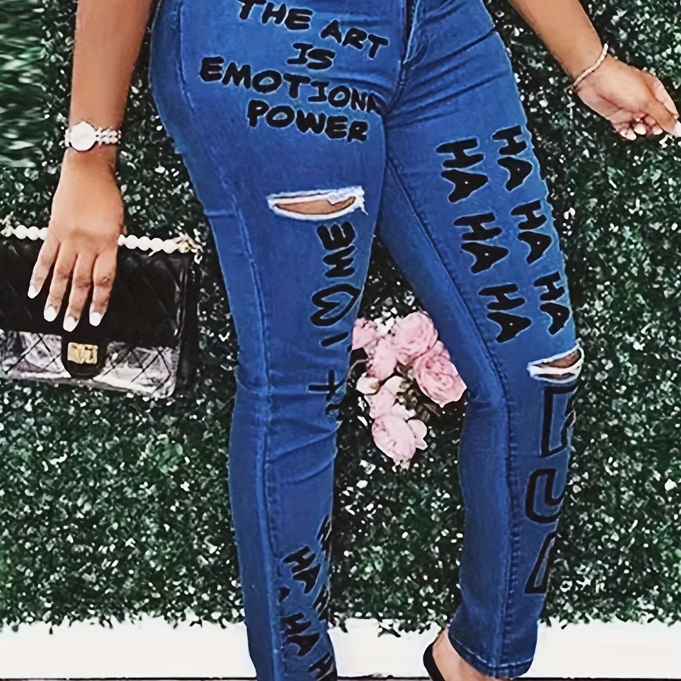 Plus Size Women's Ripped Skinny Jeans High Rise Medium Stretch