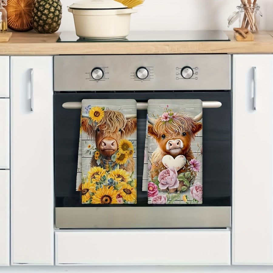 Set of Two Colorful Sunflower Cow Pattern Kitchen Towels for Farmhouse Style Kitchen or Bathroom