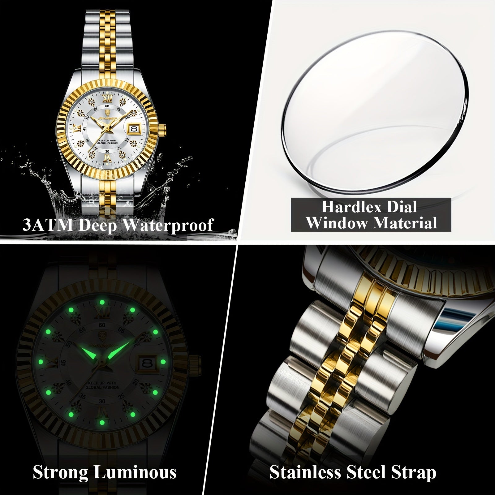 Women's Quartz Wrist Watch with Luminous Dial Stainless Steel Band Water Resistant Business Style