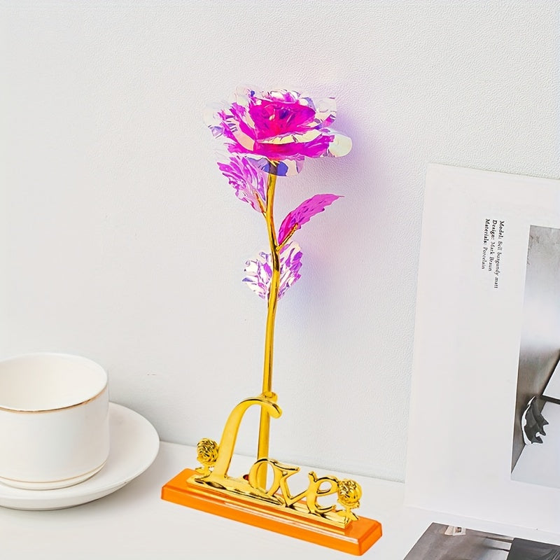 Juego de 2 rosas de oro artificial con base de amor arcoíris y rosas galaxia