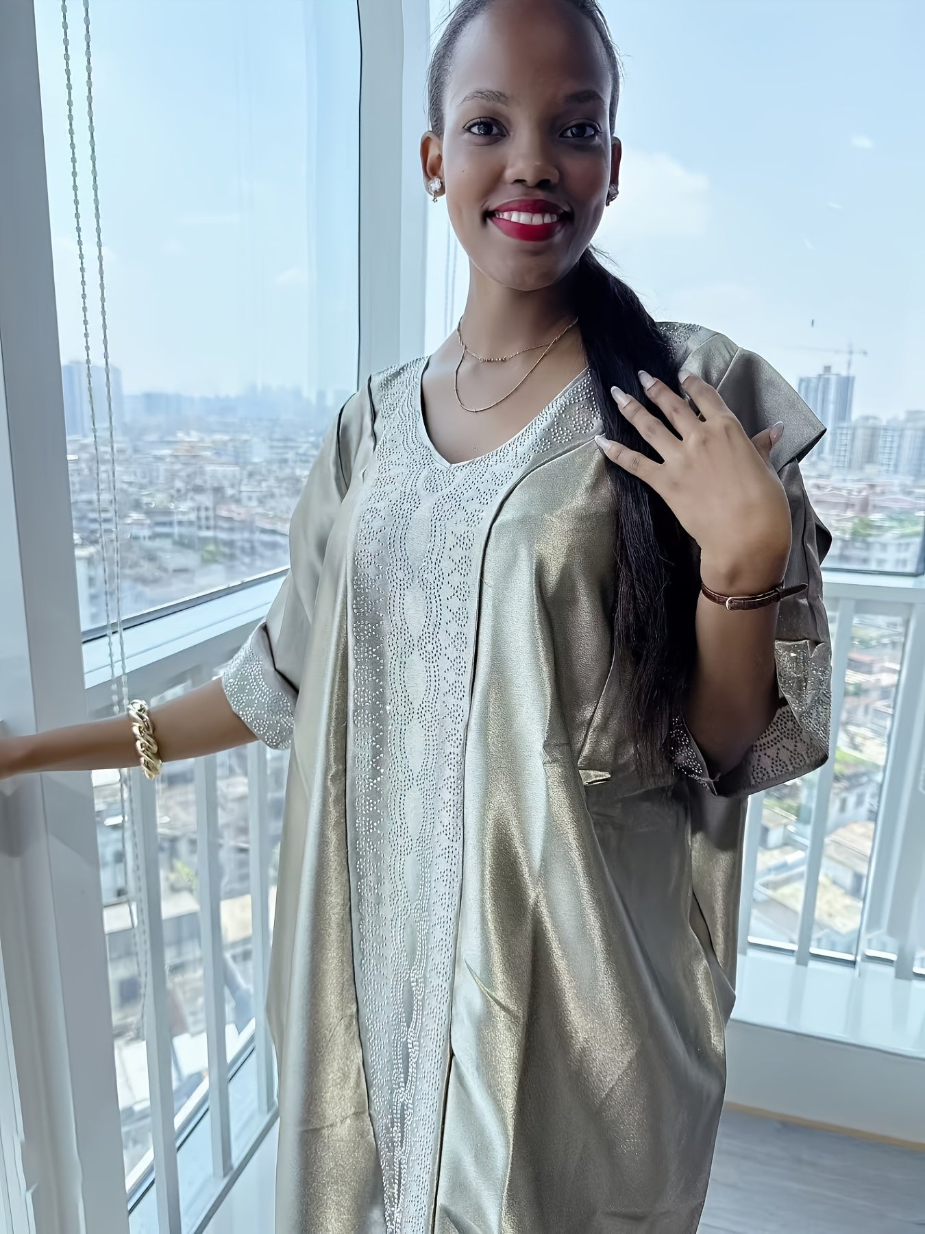 Women's Plus Size V-Neck Kaftan Dress with Rhinestone Embellishments Beige