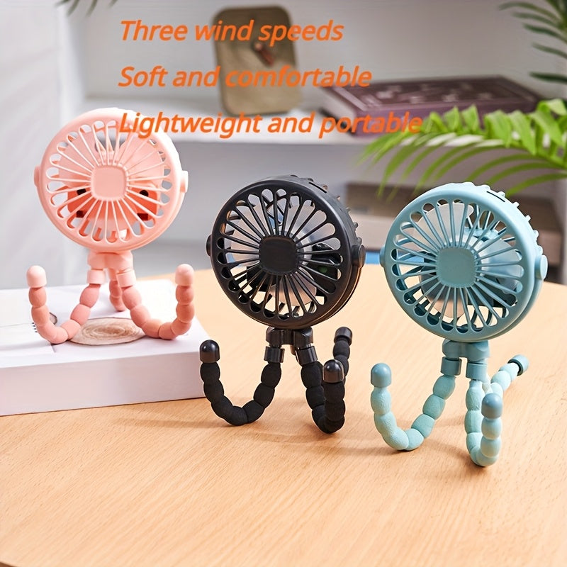Mini Octopus Fan Portable 3-Speed Rechargeable with Hanger Stand for Stroller Outdoor
