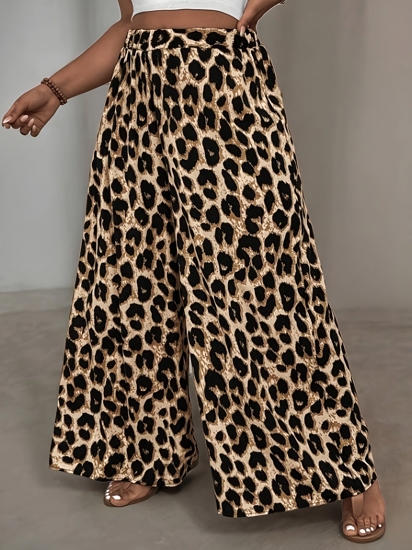 Pantalones anchos de leopardo de talla grande para mujer, de tela no elástica, para primavera y verano