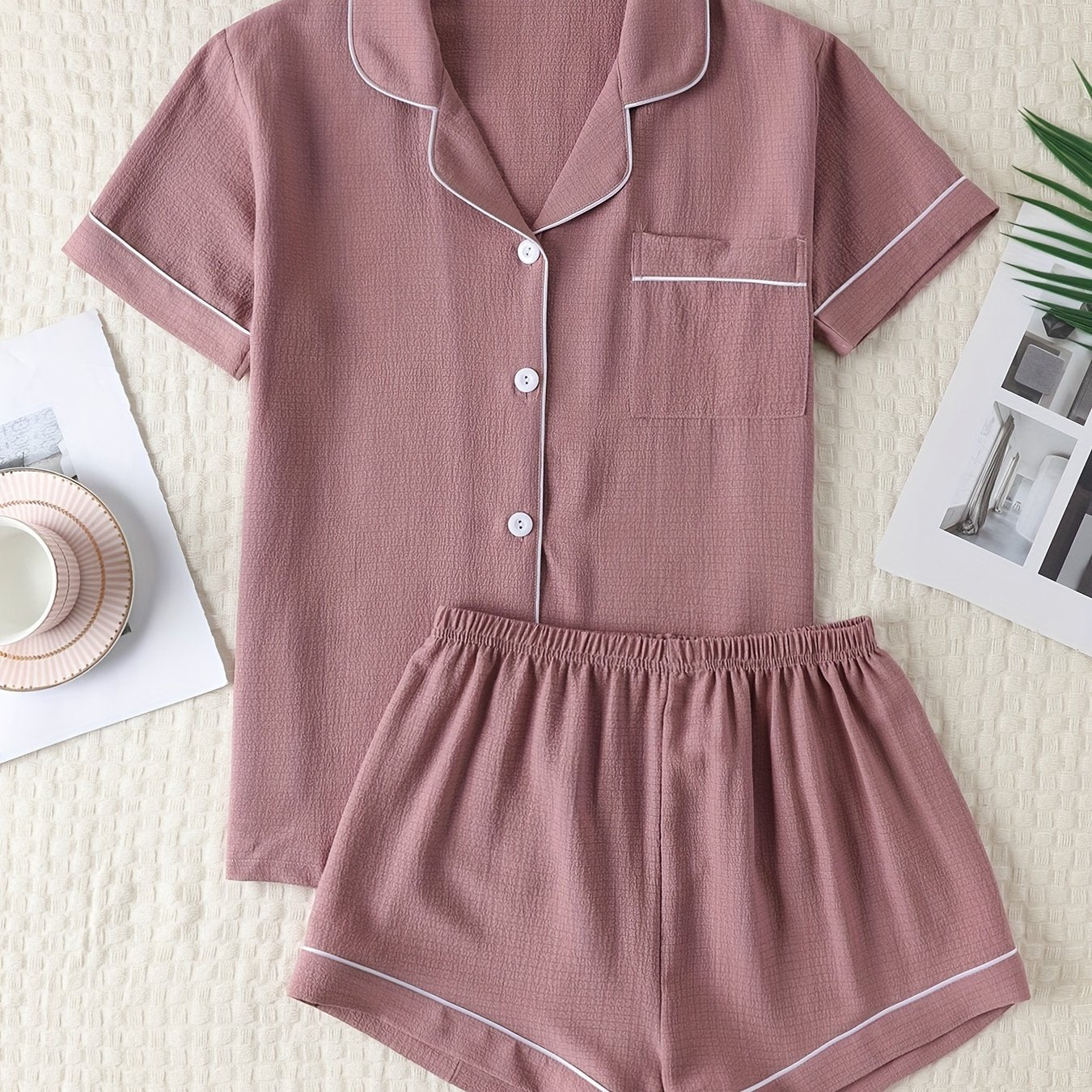 Women's Summer Pajama Set Short Sleeve Button-Up Top with Lapel Collar and Elastic Shorts