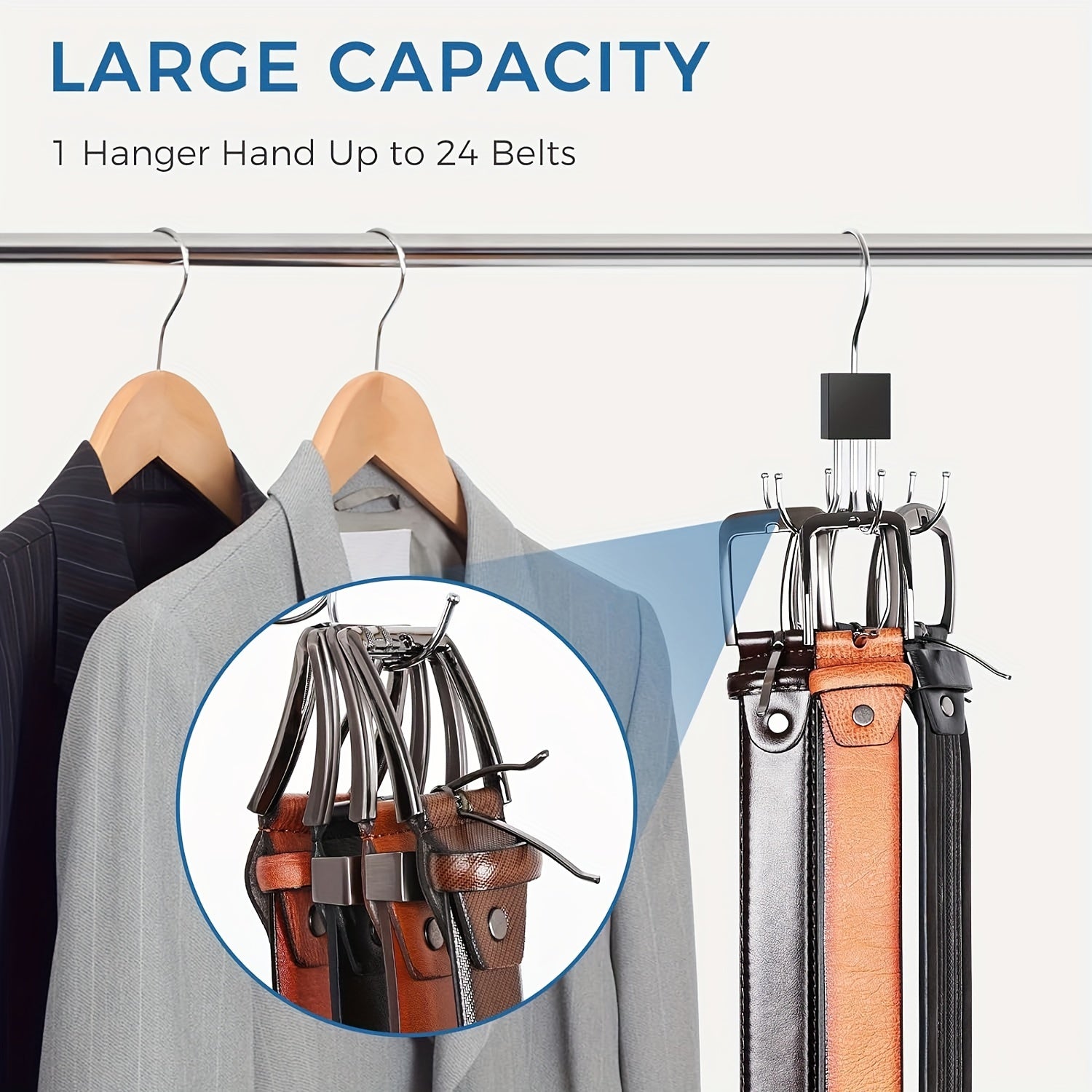 Large Capacity Wooden Belt and Accessory Organizer with Stainless Steel Hooks