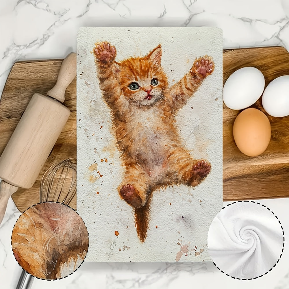 2 Pieces Kitchen Towels Orange Kitten Design Absorbent Machine Washable 40x60 cm