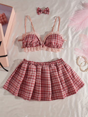 Plaid Bralette and Skirt Set with Bow Hair Clip Polyester Pleated Lingerie