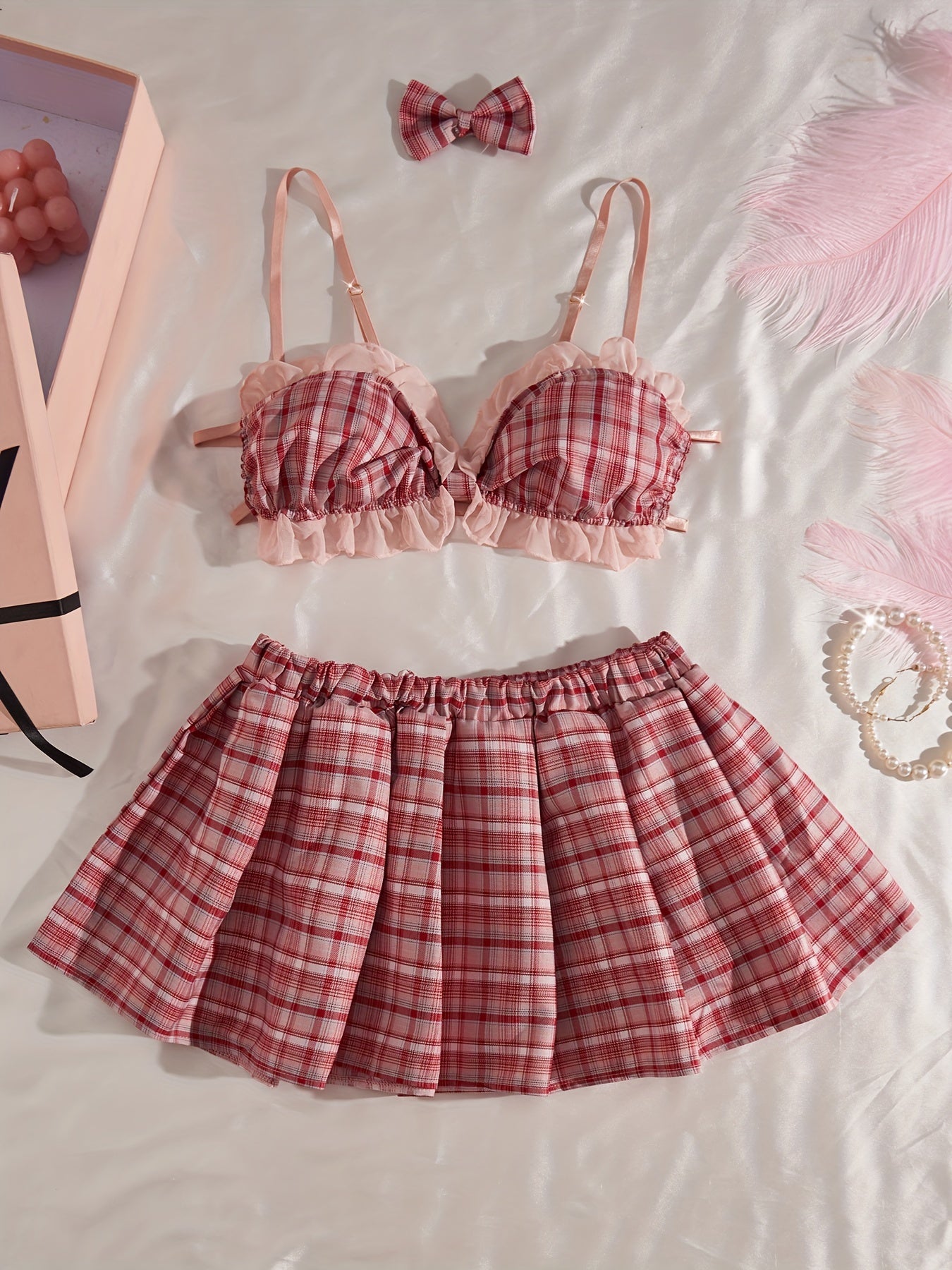 Plaid Bralette and Skirt Set with Bow Hair Clip Polyester Pleated Lingerie