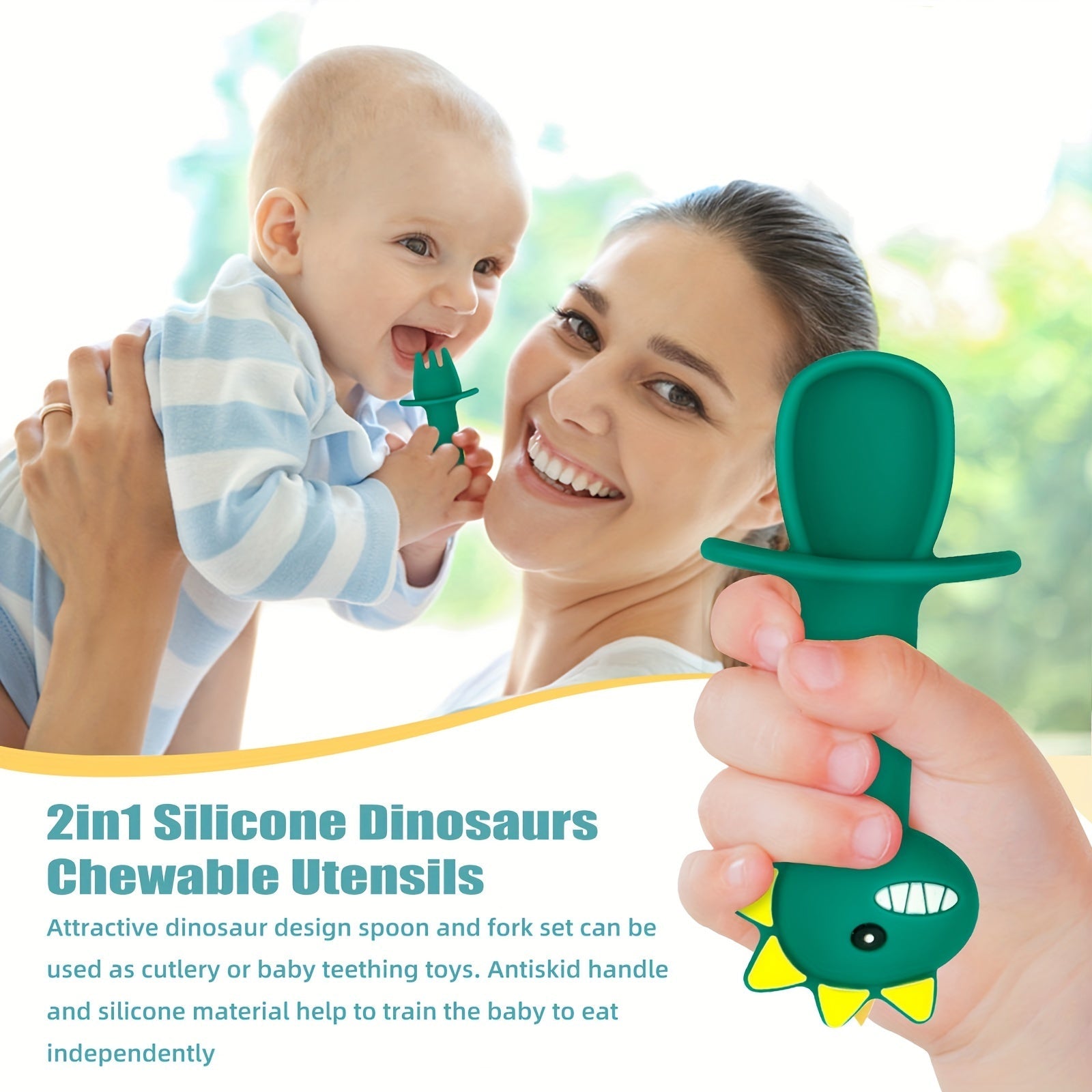 Set of 2 Kids Silicone Dinosaur Utensils Forks and Spoons Food-Grade Materials