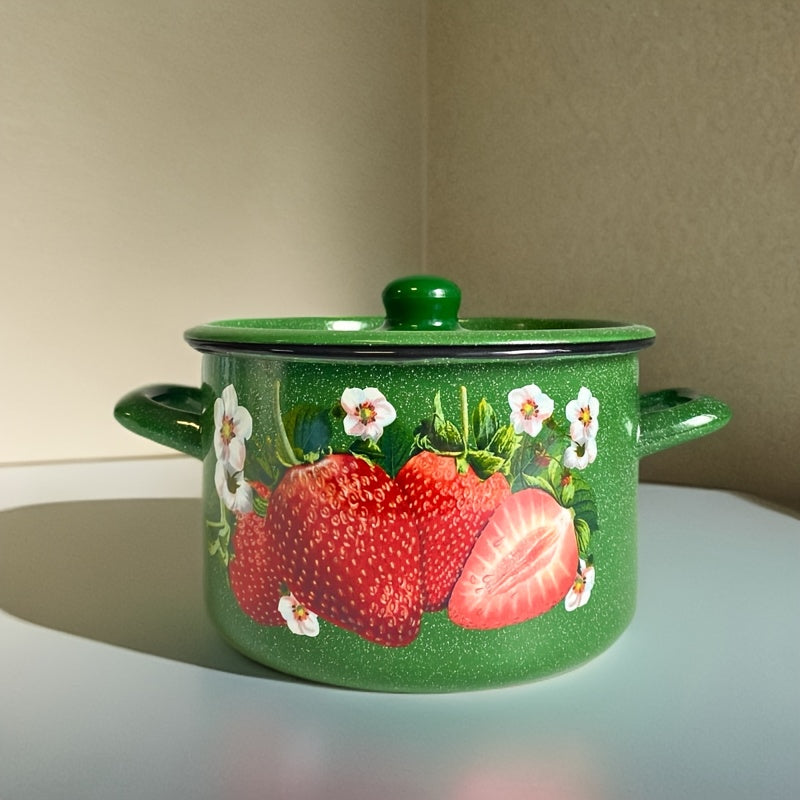 Enamel Cooking Pot 20cm with Strawberry Floral Design, Heat-Retaining Lid