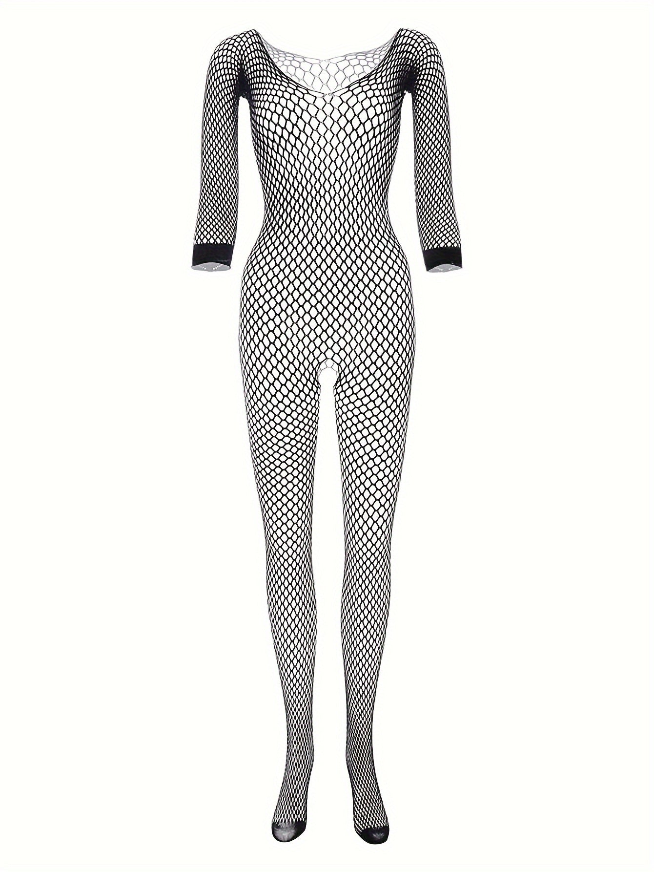 Women’s Fishnet Bodysuit Sheer Hollow-Out Long Sleeve Stretch Nylon Exotic Lingerie