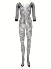 Women’s Fishnet Bodysuit Sheer Hollow-Out Long Sleeve Stretch Nylon Exotic Lingerie