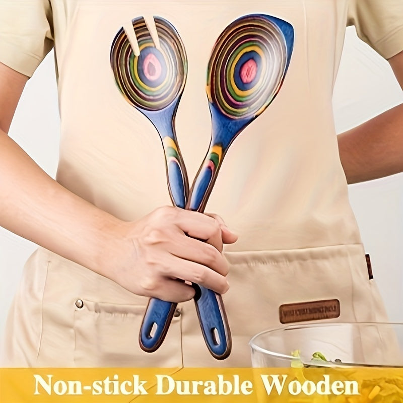 Wooden Kitchen Utensils Set 7-Piece Colorful Soup Spoons and Cooking Tools