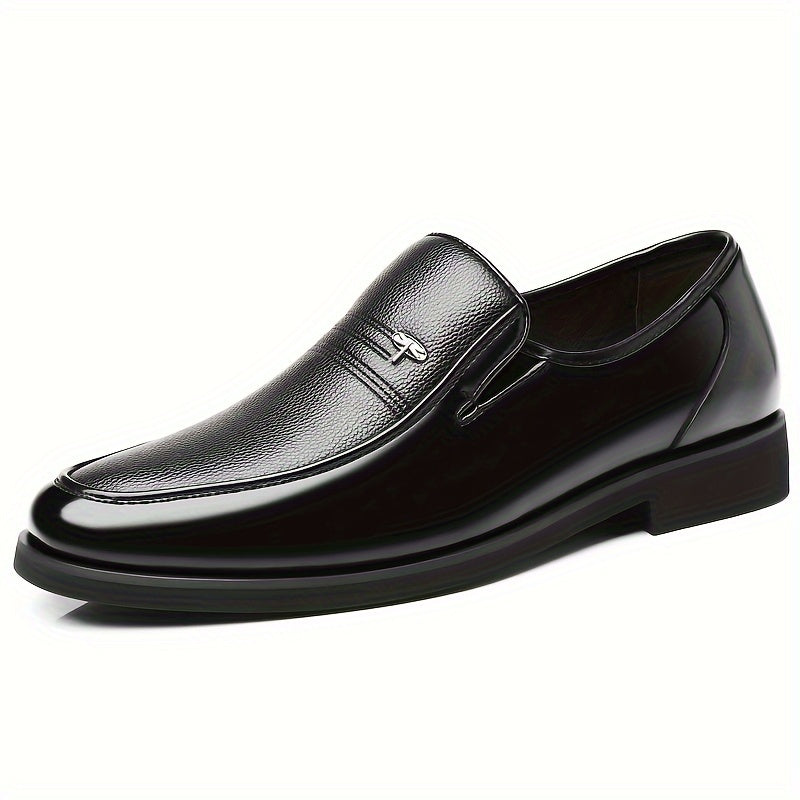 Men's Leather Loafers Black Slip-On Casual Dress Shoes Round Toe Rubber Sole All-Season