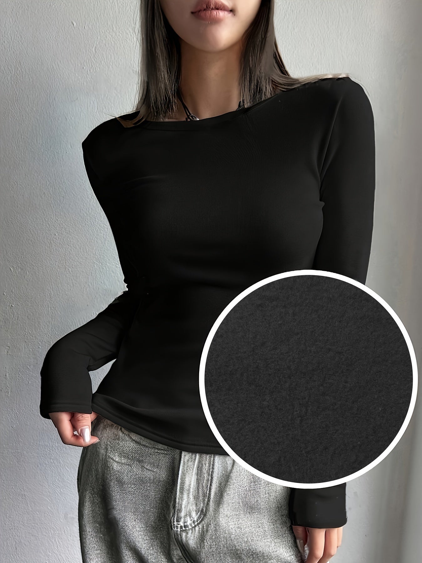 Women's Long Sleeve Crew Neck Top Solid Color Fall Winter Polyester Elastane Stretch Fabric
