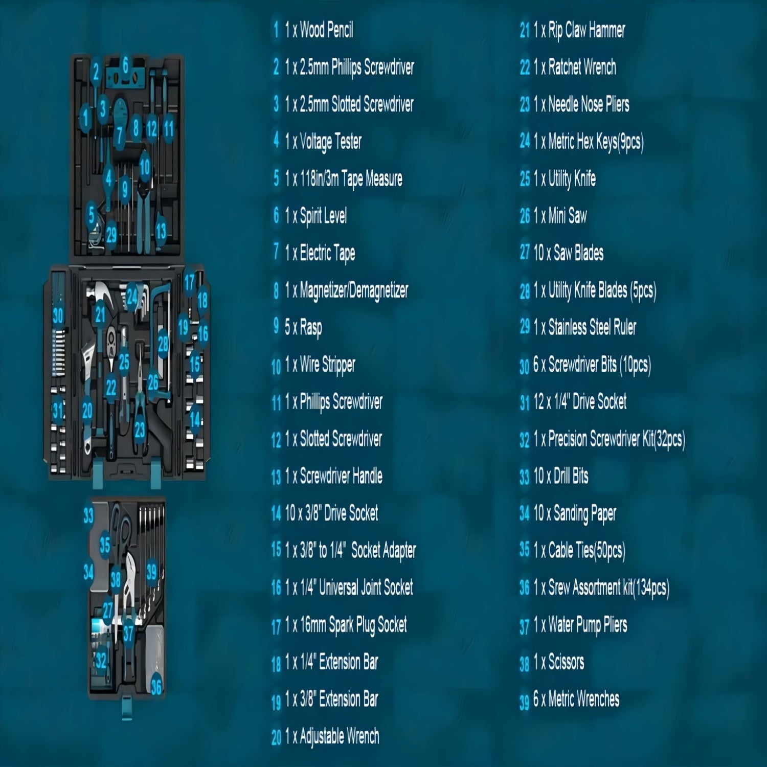 Kit de herramientas para el hogar de 379 piezas con herramientas de aleación azul y estuche de almacenamiento portátil