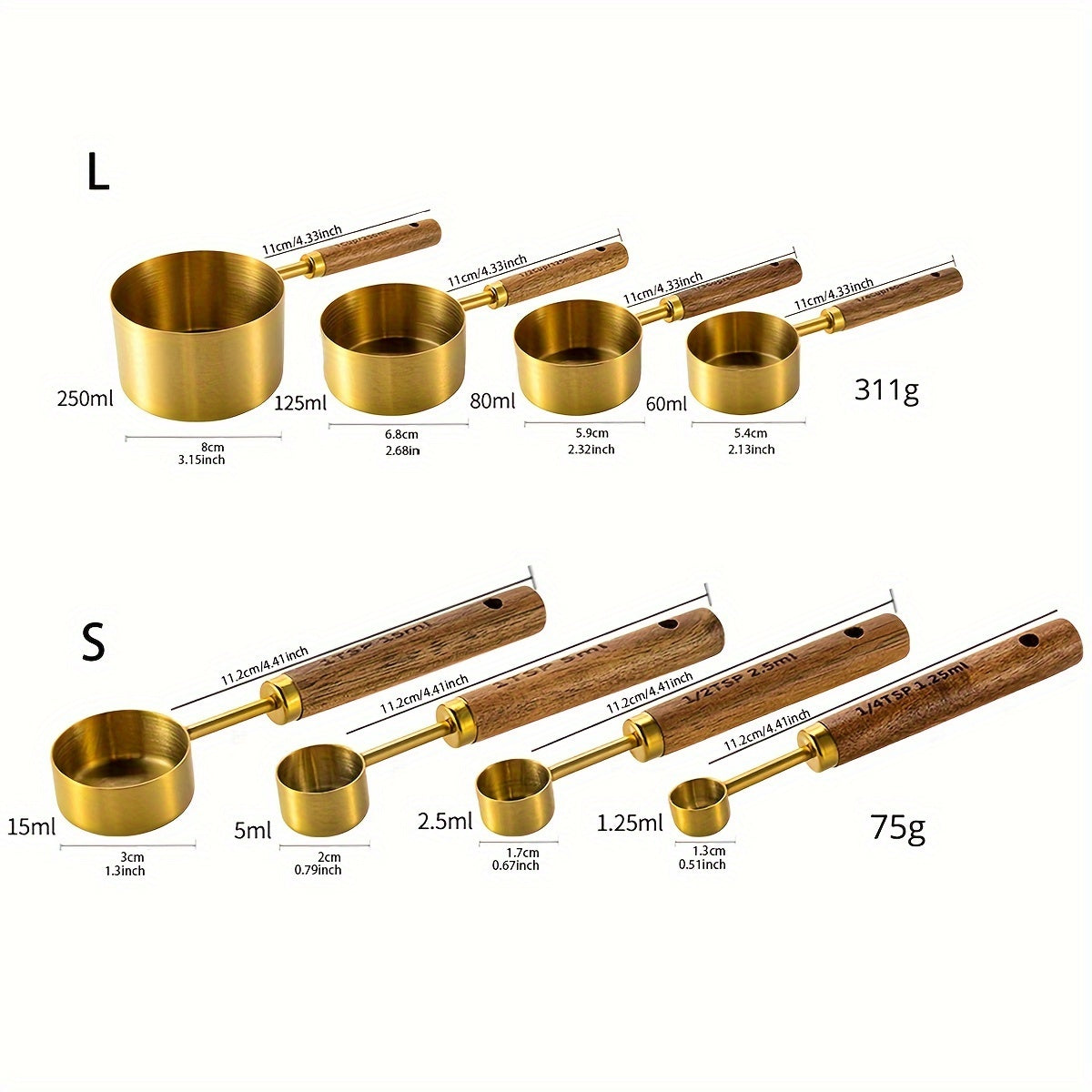 Set of 4 Stainless Steel Measuring Spoons with Wooden Handles for Baking and Cooking