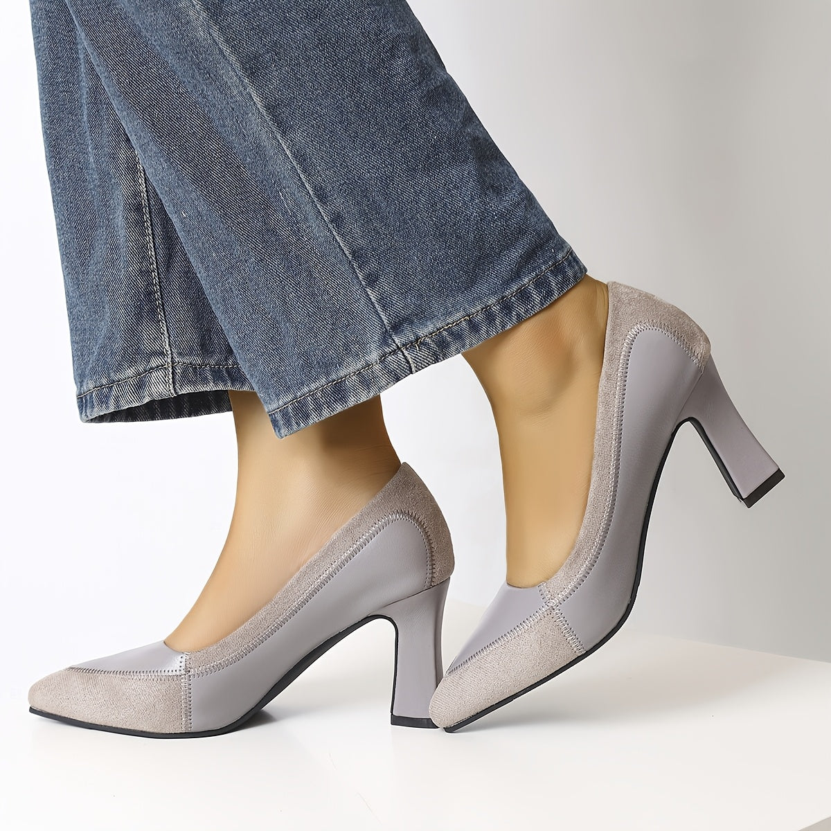 Women’s Spring Pointed Toe Mary Jane Heels Synthetic Cover Embroidery Gray