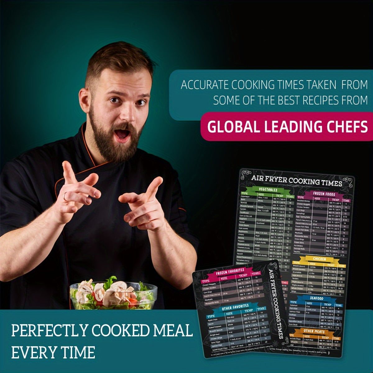 Juego de hoja de trucos para freidora de aire de 2 piezas Guía de tiempo de cocción en la cocina para verduras, carne, mariscos