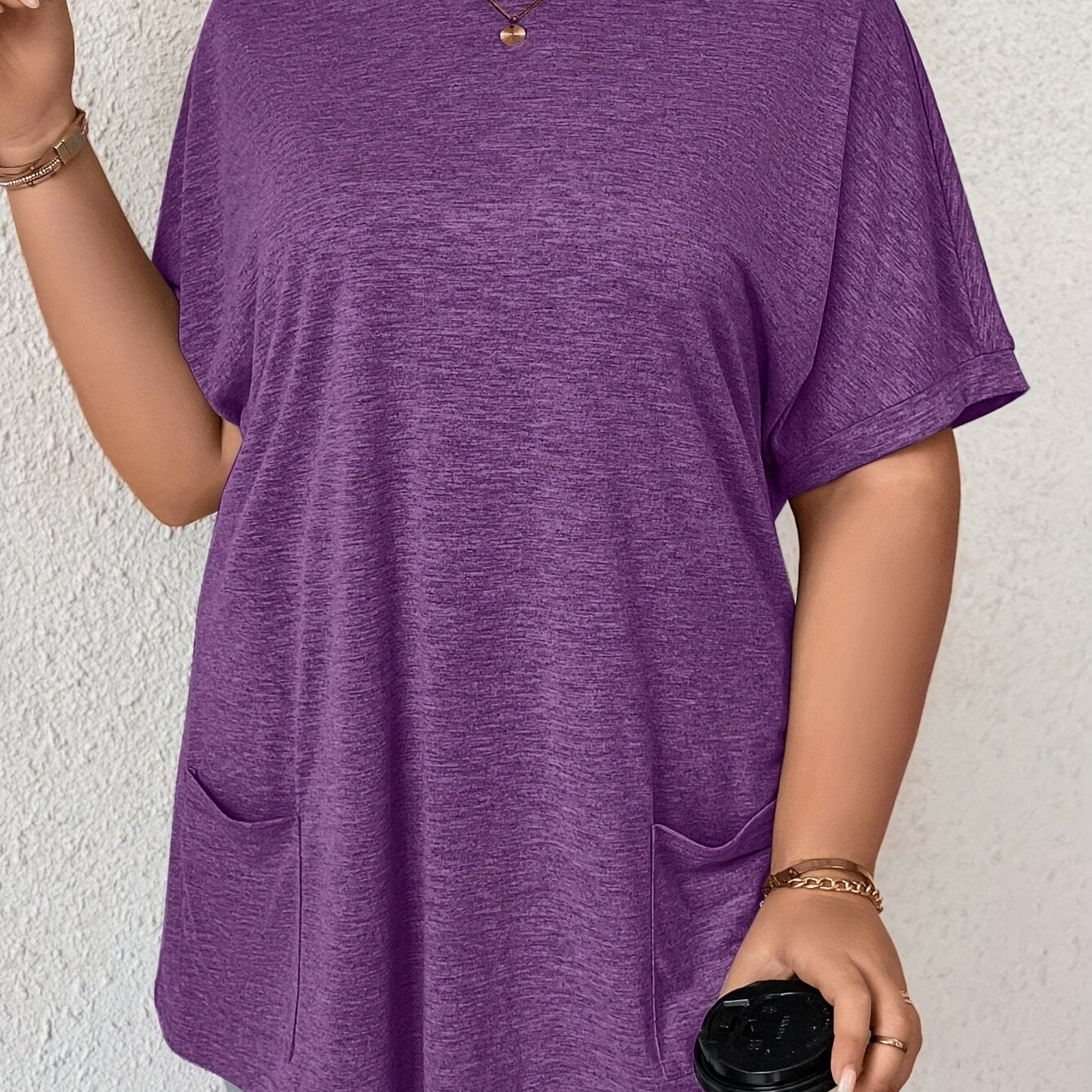 Women's Casual Polyester Blend Crew Neck T-Shirt with Pocket Short Sleeve