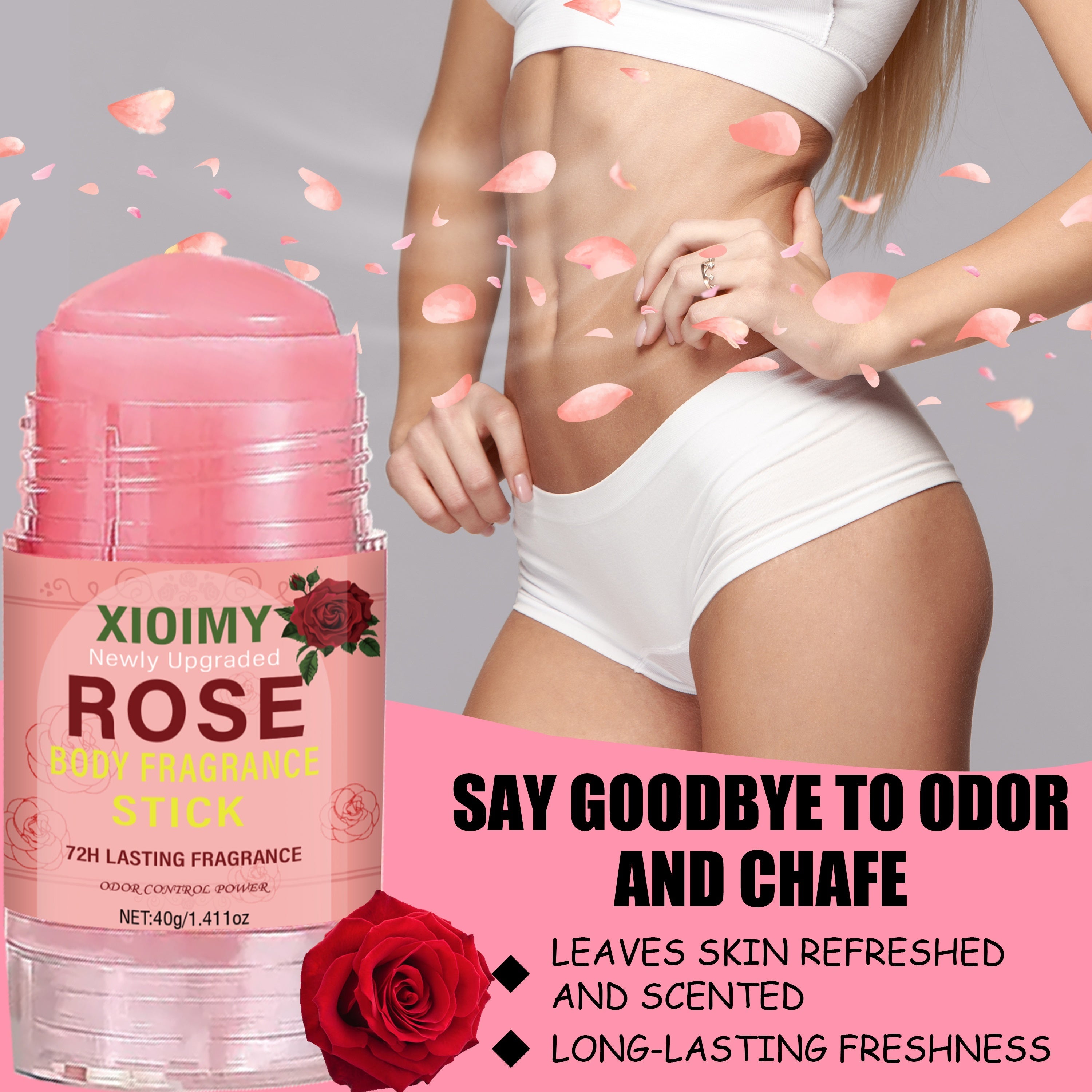 Xioimy Rose Body Fragrance Stick - Uniseks deodorant, 1.411oz, 72 soat davomida yangilik, uzoq muddatli atirgul hid, tanaga mos keladi, qattiq tana hidini va terni bartaraf etadi.