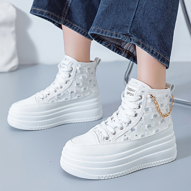 Women's High-Top Sneakers - Black White Blue with Gold Chain Casual Shoes