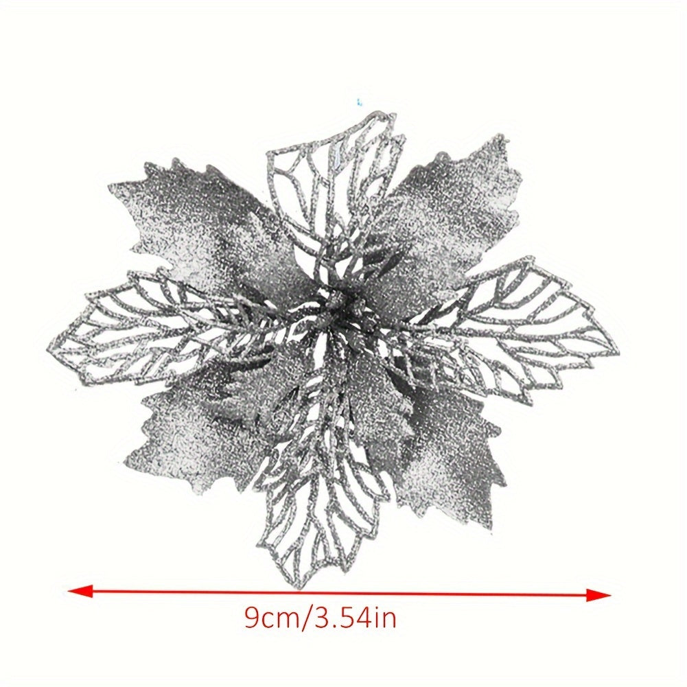 Conjunto de flores artificiales de Navidad, 10 piezas, adornos de árbol de 9cm con purpurina para decoración navideña