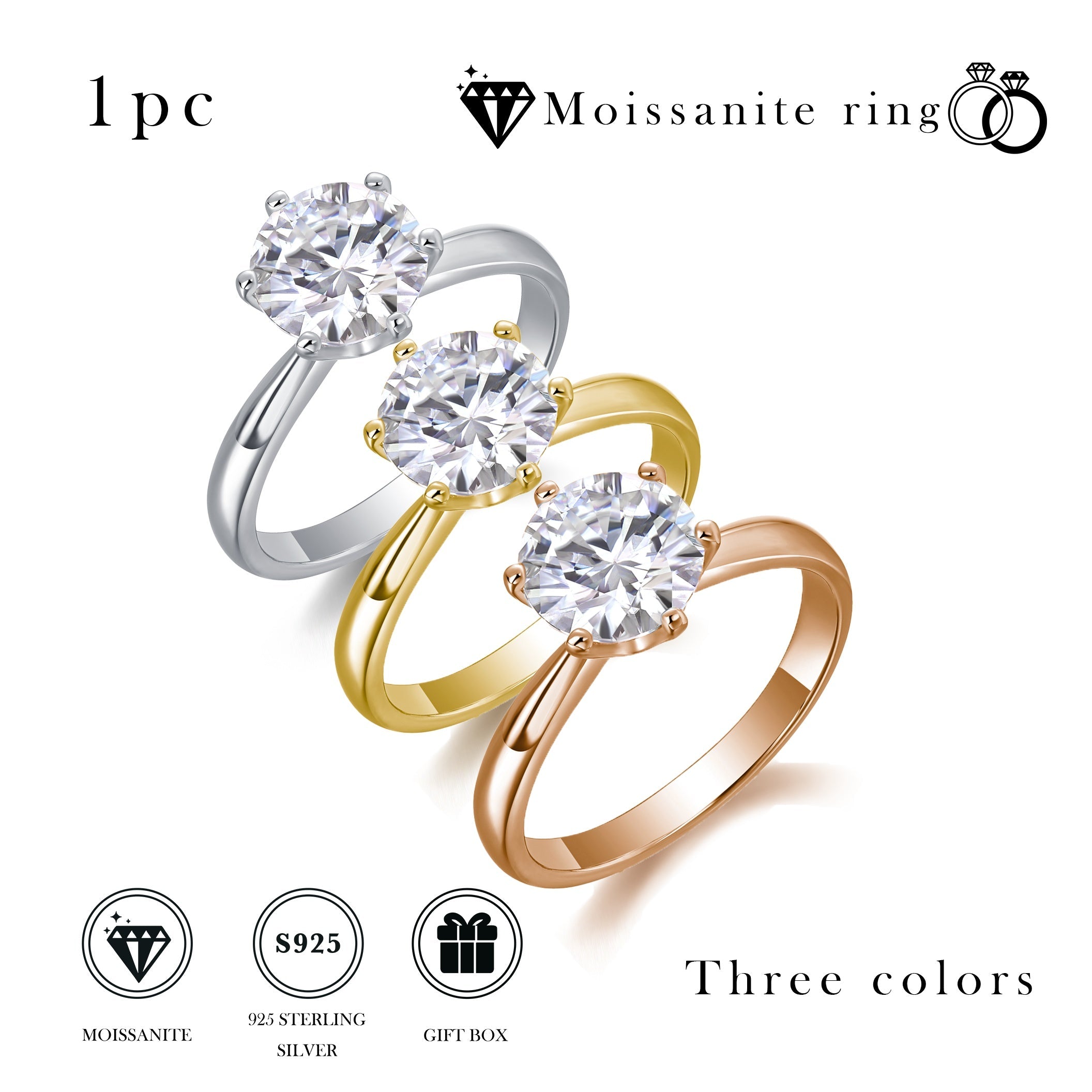 Anillo de compromiso de moissanita de plata de ley 1ct 2ct 3ct 5ct joyería de boda