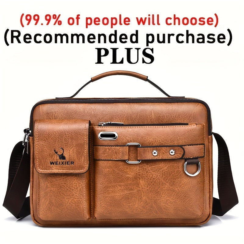 Men's PU Business Crossbody Bag Light Brown Adjustable Shoulder Strap for Office and Casual Use