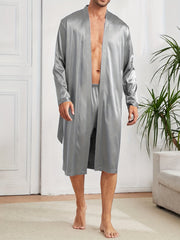 Men's Satin Casual Pajama Sets with Solid Robe and Loose Shorts