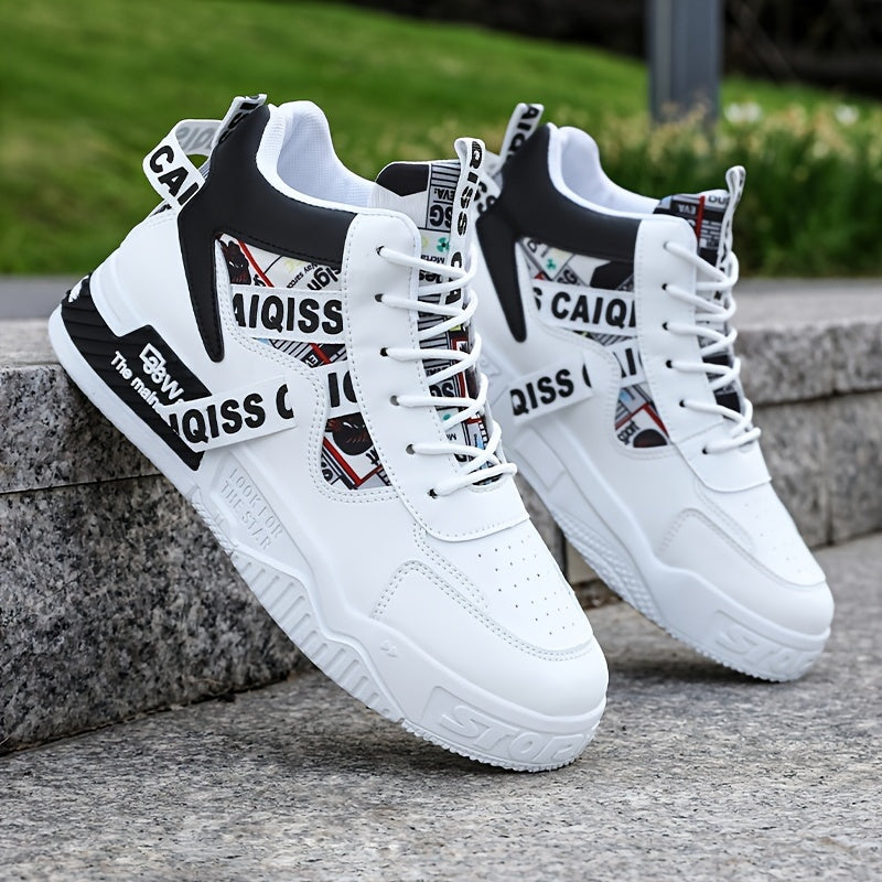 Men's High-Top Lace-Up Sneakers with Cartoon Accents Breathable Faux Upper for Running and Skateboarding