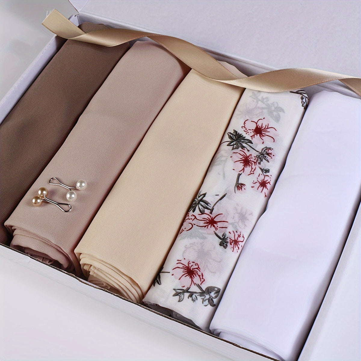 Set of 5 Elegant Chiffon Hijabs with Faux Pearl Pins for Valentine's and Mother's Day