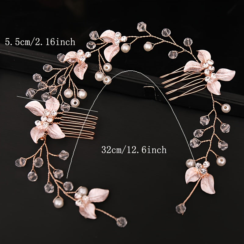 Banda para el cabello de mujer con peine, decoración de flor de perlas falsas, rhinestones, hojas, para bodas y uso diario