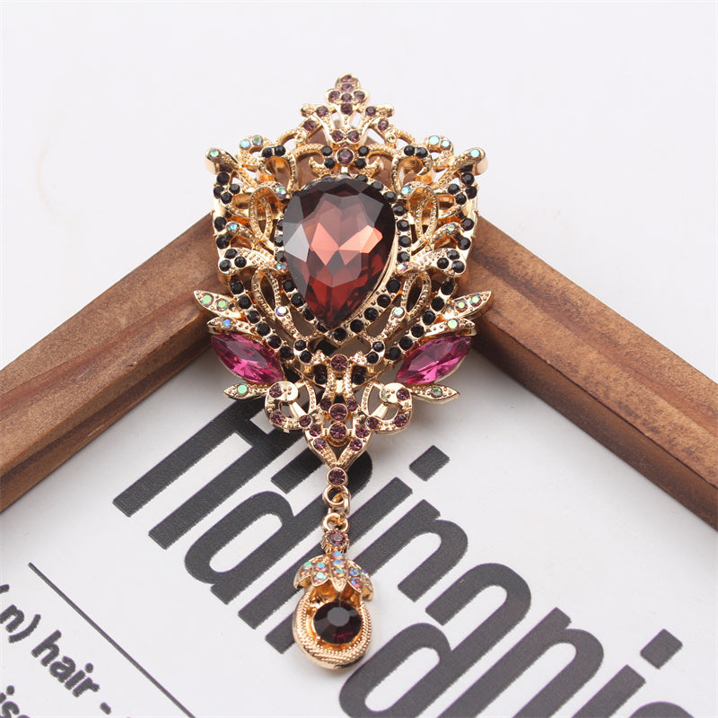 Retro Rhinestone Flower Brooch with Glass Pendant Enamel Corsage Pin for Coats