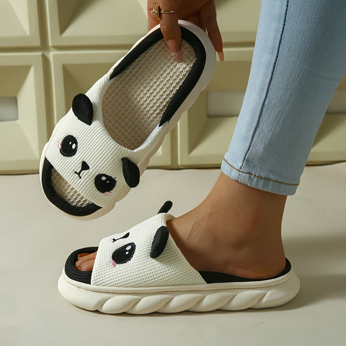 Women's Soft Linen Panda Slippers Non-Slip Cozy Home Shoes