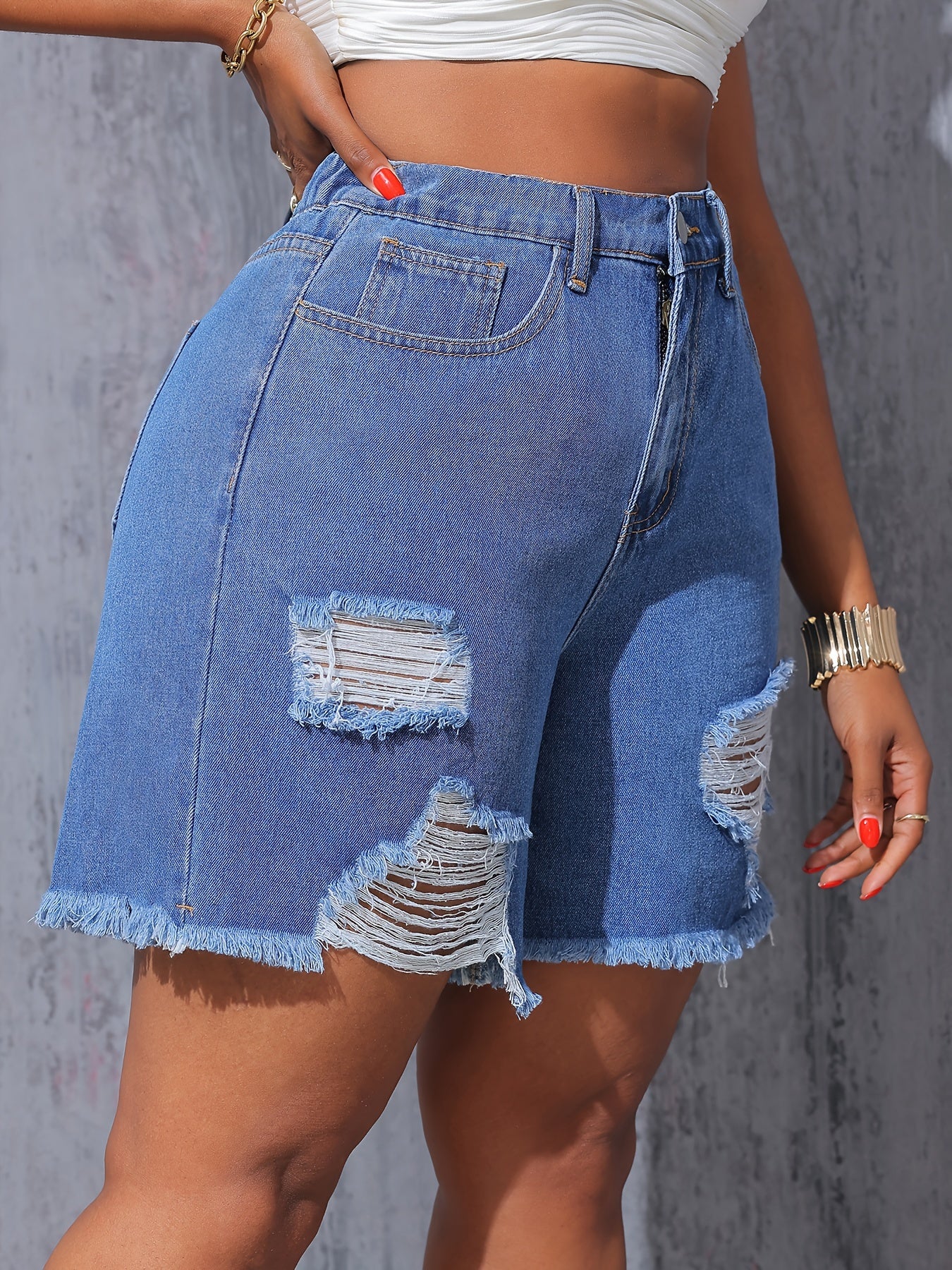 Women's High-Waisted Light Blue Ripped Denim Shorts for Summer