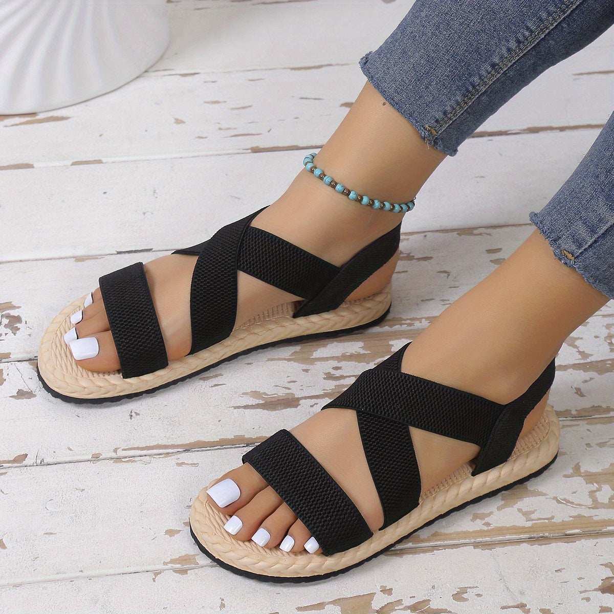 Women's Summer Lightweight Casual Sandals Black Breathable Fabric Flat Shoes