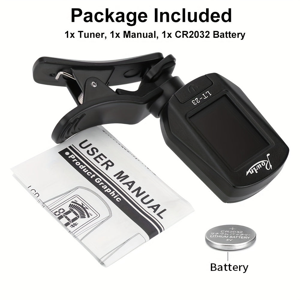 Chromatic Clip-On Guitar Tuner for Acoustic Electric Instruments Black ABS Battery Powered