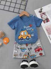Kids' Cotton Taxi Print T-Shirt and Shorts Set for Summer Casual Wear